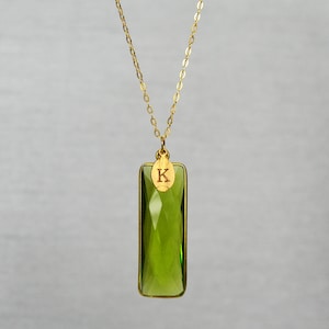 Peridot Necklace, August Birthstone, Sterling Silver or 18K Gold, Personalized Initial Charm, Rectangular