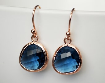 Mother's Day Gift Sapphire Earrings, September Birthstone Jewelry Gift for Mom, Rose Gold Drop Earrings with Initial Necklace Set Option
