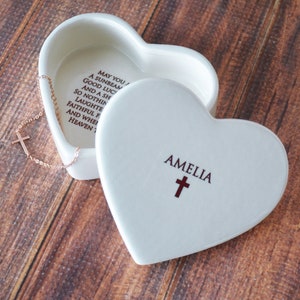 This lovely heart shaped keepsake box would be a perfect Christening, baptism , first communion, or confirmation gift. It is made of earthenware clay, has an Irish blessing prayer inside, and comes with a necklace or bracelet. Can be personalized.