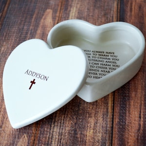 This heart-shaped keepsake box would be a perfect baptism, christening, first communion, or confirmation gift. It's made of earthenware clay, has an Irish blessing and can be personalized.