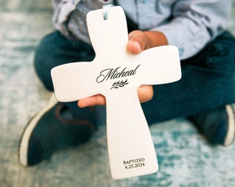 Personalized Baptism Gift, Wall Cross, First Communion Gift or Confirmation Gift, Fluted Cross Plaque for Christening, Boy Baptism Gift