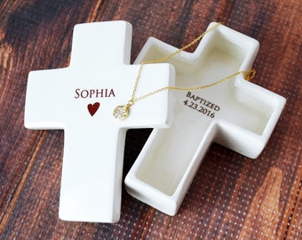 Personalized Baptism Gift, First Communion Gift or Confirmation Gift - With Necklace - Cross Keepsake Box
