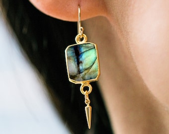 Labradorite Dangle Earrings, Birthstone Gift for Her, Natural Labradorite Jewelry Set, Handmade Jewelry, Gemstone Drop Earrings