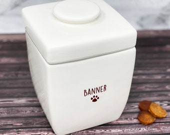 Personalized Dog Treat Jar, Pet Food Storage, White Ceramic Container, Dog Gift