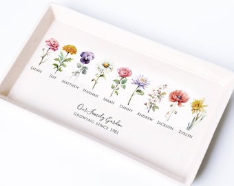 Muttertagsgeschenk, Garten der Liebe Blumenplatte, personalisierte Platte, unsere Familie Gartentablett, Oma Geschenk, Muttergeschenk, Geburtsblumenplatte