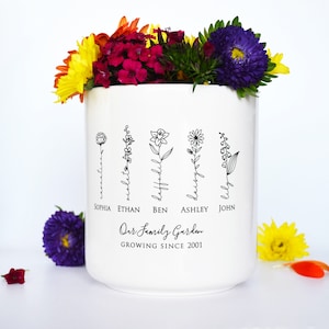 Personalized Birth Flower Family Garden Pot, Mom Grandma Gift (6.25" H x 5.25" dia.)