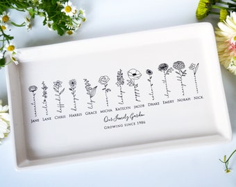 Muttertagsgeschenk, Blumenteller „Garten der Liebe“, personalisierter Teller, unser Familiengartentablett, Oma-Geschenk, Muttergeschenk, Geburtsblumenteller