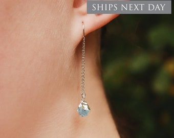 Raw Aquamarine Threader Earrings, Aquamarine Birthstone Earrings, Bridesmaid earrings, March Birthday Gift, Natural Aquamarine Jewelry