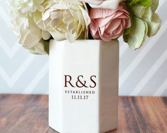 Personalized Hexagon Wedding Vase - Modern Ceramic Centerpiece Gift