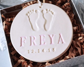 Baby's First Christmas Ornament - With Footprint - Personalized with Name and Date - Christmas Gift or Baby Gift