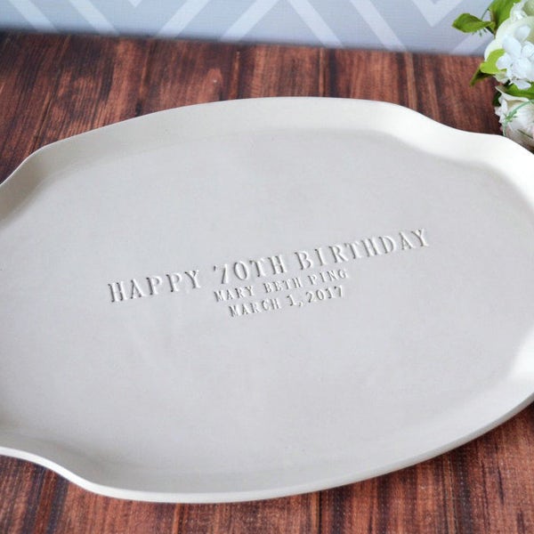 Birthday Milestone Gifts Handmade Personalized Ceramic Platter Customized with Name and Date ~16" x 11"
