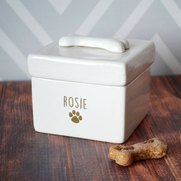 Pot à friandises pour chien personnalisé, contenant pour friandises pour chien, cadeau pour chien - avec nom en or ou en argent