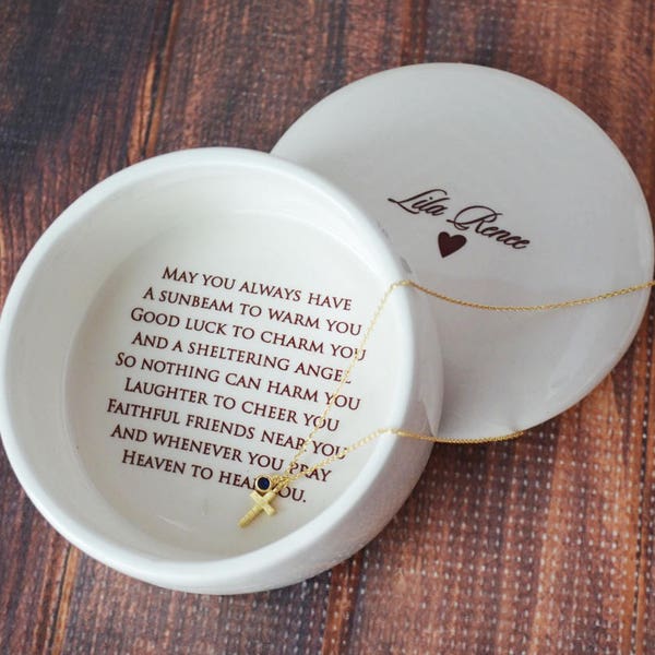 Confirmation Gift, First Communion Gift, Baptism Gift, Godchild Gift - Round Keepsake Box w/ Cross Necklace - Script Font - Irish Blessing