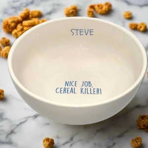 Cereal Bowl - Ceramic | Personalized | Add Custom Text | Child Gift | Birthday | Celebration | Text on Inside Rim and Bottom | White