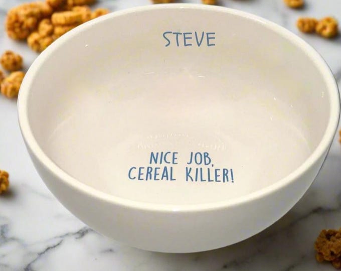 Cereal Bowl - Ceramic | Personalized | Add Custom Text | Child Gift | Birthday | Celebration | Text on Inside Rim and Bottom | White