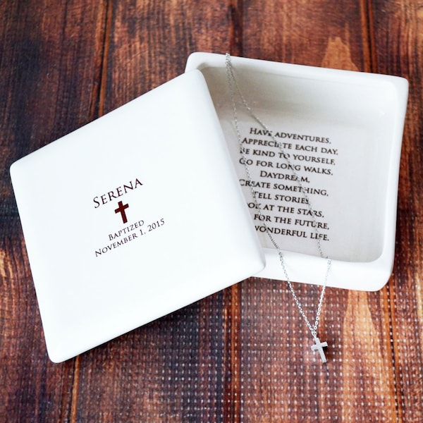 Baptism Gift,  Christening Gift, Confirmation Gift, First Communion Gift, Godchild Gift -Square Keepsake Box w/ Cross Necklace