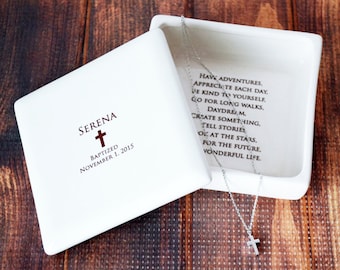 Baptism Gift,  Christening Gift, Confirmation Gift, First Communion Gift, Godchild Gift -Square Keepsake Box w/ Cross Necklace