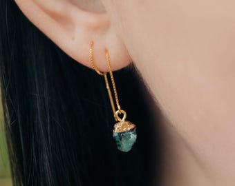Raw Emerald Threader Earrings, May Birthstone, Gold or Silver, Natural Emerald Jewelry