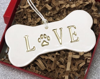 LOVE Dog Christmas Ornament, Dog Ornament, Dog Bone Ornament, Christmas Pet Ornament, Holiday Gift for Dog Lovers, Dog Gift