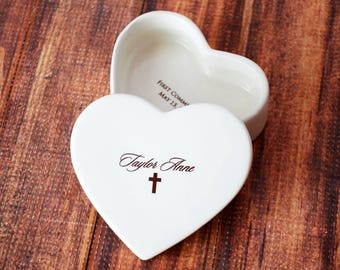 Personalized Baptism Gift, Christening Gift, First Communion Gift or Confirmation Gift - Heart Keepsake Box - With Script Font