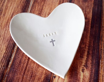 Baptism Gift, Baptismal Gift - Personalized Small Heart Bowl with Name and Cross