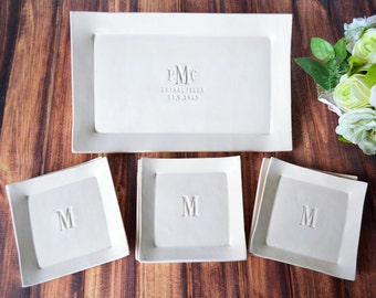 Personalized Wedding Gift, Anniversary Gift or Housewarming Gift - Rectangular Wedding Platter with Set of 6 Appetizer Plates