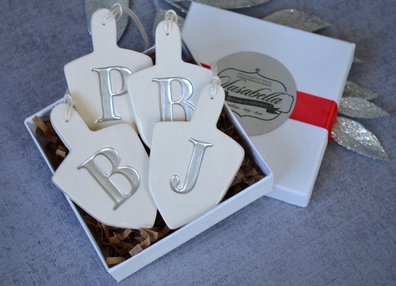 Set of 4 Personalized Dreidel Hanukkah Ornaments with Initials Custom Ornament Set, Unique Gift for Hanukkah image 2