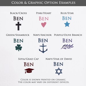 K&ouml;nnte beinhalten: Eine Grafik, die verschiedene Farb- und Grafikoptionen f&uuml;r eine personalisierte Keramikfliese zeigt. Die Optionen umfassen ein Kreuz, ein Herz, einen Stern, ein Kleeblatt, einen Anker, einen Olivenzweig, eine Abschlusscap und einen Davidstern. Der Text "BEN" wird in jeder Option angezeigt.