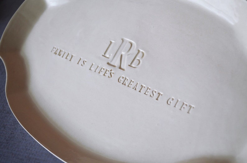 personalized ceramic serving platter with monogram and Family is Life Greatest gift