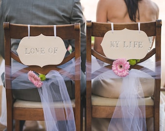 Grote 'Love Of My Life' bruiloftsteken ingesteld om op de stoel te hangen en te gebruiken als fotoprop - verkrijgbaar in goud, zilver, zwart of wit - KLAAR OM TE VERZENDEN