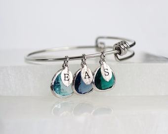 Birthstone Bracelet, Family Tree Bangle, Initials, Mom Grandma Gift, Silver or Gold, Bridesmaid Gift