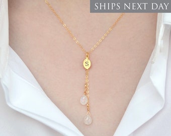 Dainty Personalized Moonstone Drop Necklace, Bridesmaid Necklace, June Birthstone Necklace, Custom Initial Necklace, Moonstone Jewelry Set