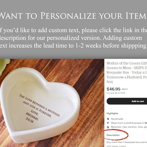 May include: White heart-shaped ceramic keepsake box with the inscription "The love between a mother and son is forever. Love. Michael 5.6.16".