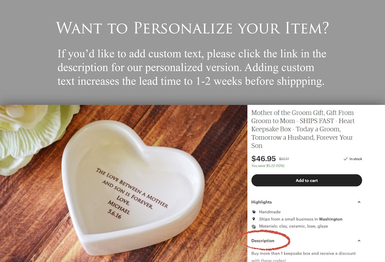 May include: White heart-shaped ceramic keepsake box with the inscription "The love between a mother and son is forever. Love. Michael 5.6.16".