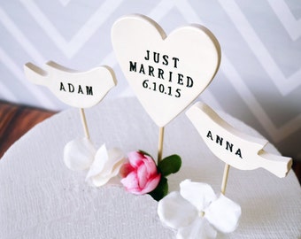 PERSONALIZED Just Married Heart Wedding Cake Topper with Date and Birds with Names