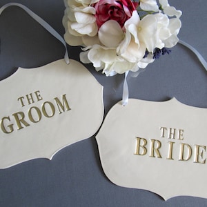 Large The Bride & The Groom Wedding Sign Set to Hang on Chair, Wedding Decorations and Photo Prop READY TO SHIP Gold