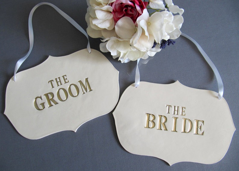 Large The Bride & The Groom Wedding Sign Set to Hang on Chair, Wedding Decorations and Photo Prop READY TO SHIP Gold