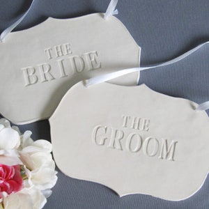 Large The Bride & The Groom Wedding Sign Set to Hang on Chair, Wedding Decorations and Photo Prop READY TO SHIP Left in White