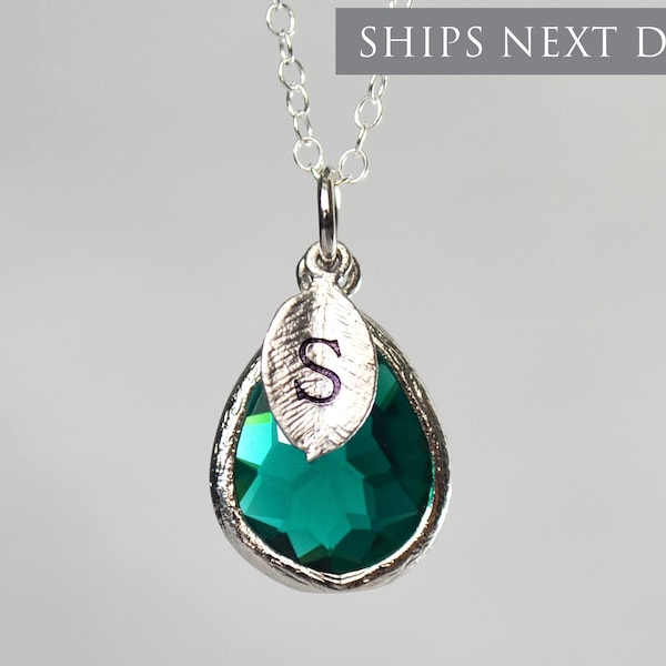 Mother's Day Jewelry Gift, Emerald Necklace, Mom Necklace Gift for Her, May Teardrop Birthstone Necklace, Personalized Initial Necklace