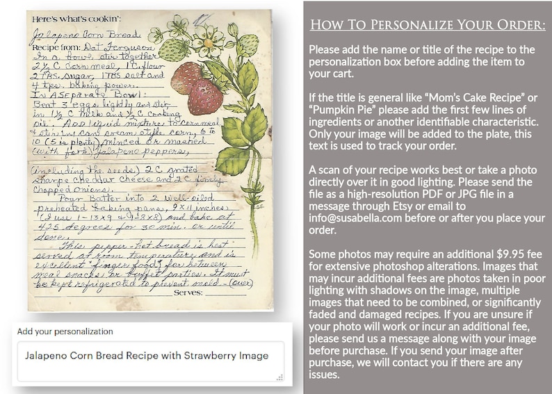 Informational text image with directions on ordering, submitting a custom scanned or photographed image, and personalizing the platter. Please see listing description for written details on ordering.