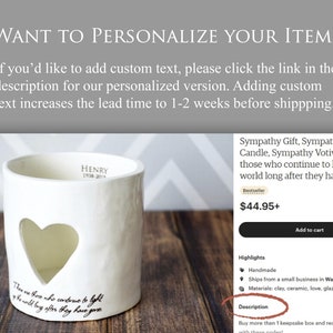 Informational image with directions on adding personalized text to the item. If you would like to add custom text, please click the link in the description for our personalized version. Adding custom text increases the lead time to 1 to 2 weeks.