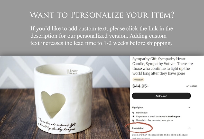 Informational image with directions on adding personalized text to the item. If you would like to add custom text, please click the link in the description for our personalized version. Adding custom text increases the lead time to 1 to 2 weeks.