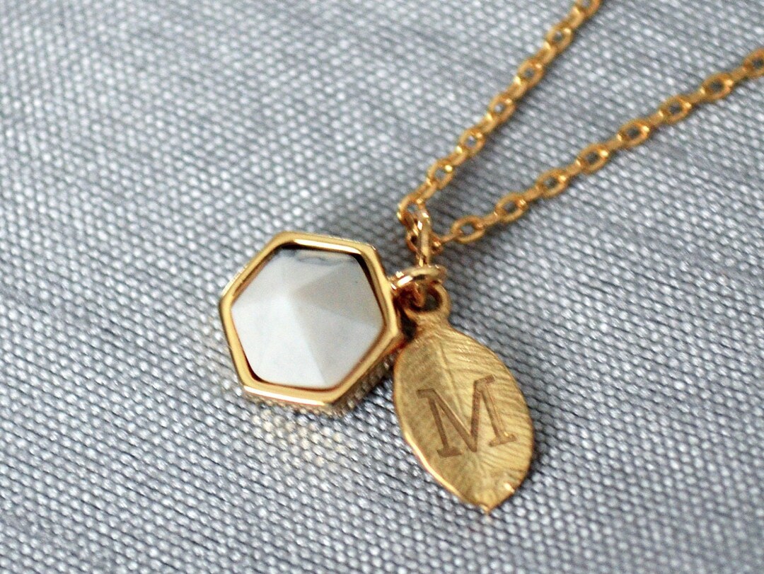Personalized Howlite Hexagon Necklace: Initial Leaf Charm, Gold Chain ...