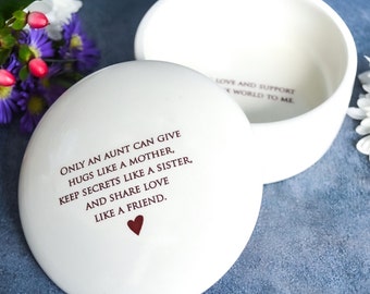 Aunt Gift, Aunt Birthday Gift Idea, Aunt Wedding Gift From Bride, Round Keepsake Box, Ceramic Jewelry Box, Only an aunt can give hugs...