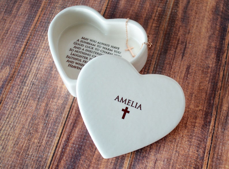 This lovely heart shaped keepsake box would be a perfect Christening, baptism , first communion, or confirmation gift. It is made of earthenware clay, has an Irish blessing prayer inside, and comes with a necklace or bracelet. Can be personalized.