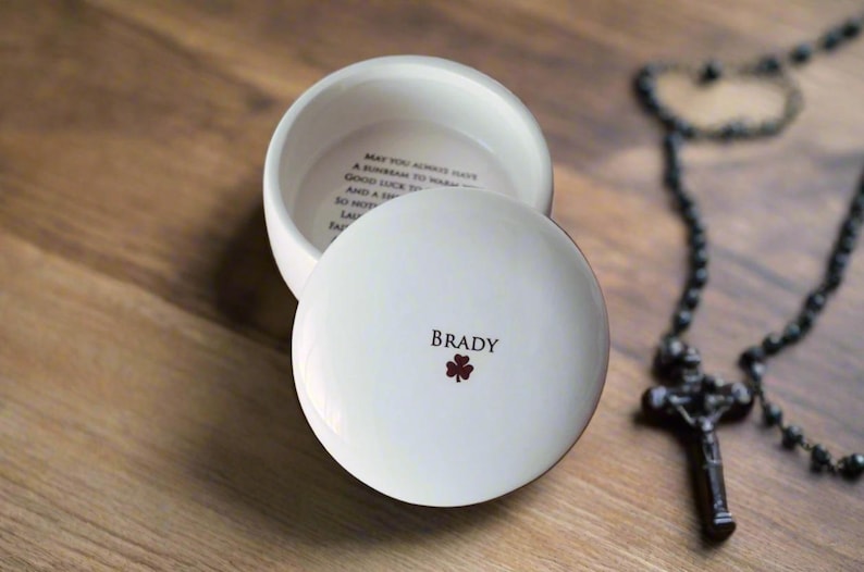 Round ceramic box would be a perfect baptism, christening, first communion, or confirmation gift. It has an Irish blessing prayer and can be personalized.