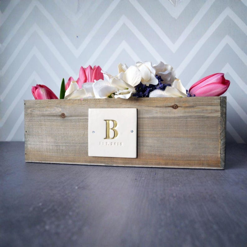 Natural Pine Wood with Painted Initials - Personalized Wedding Gift - Wedding Centerpiece Planter Box image 4