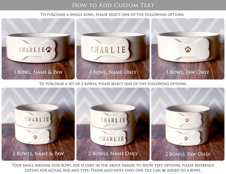 Informational image showing ordering options for adding text or a paw print to the bone-shaped tile on the front of each bowl. Please read listing description for directions on options. A name, paw print, or both can be stamped on each tile.