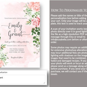 May include: A pink and green floral wedding invitation with the names Emily & Grant, the date August 26th, 2023, and the location The Pierre Garden, 3 East 61st Street, New York, NY 10065.