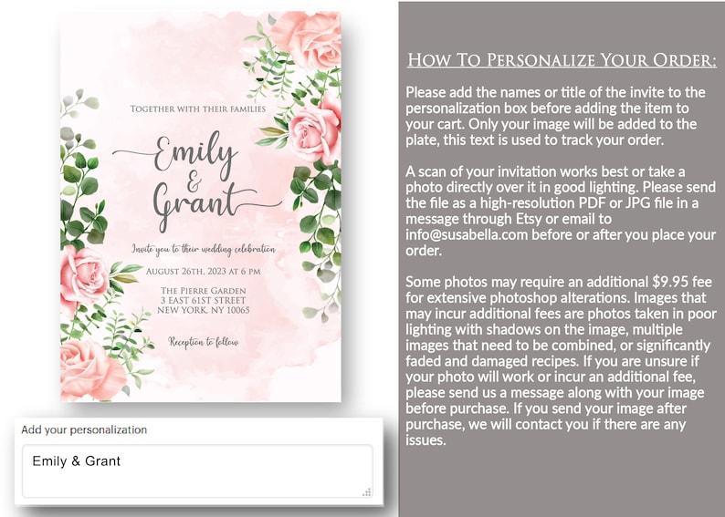 May include: A pink and green floral wedding invitation with the names Emily & Grant, the date August 26th, 2023, and the location The Pierre Garden, 3 East 61st Street, New York, NY 10065.